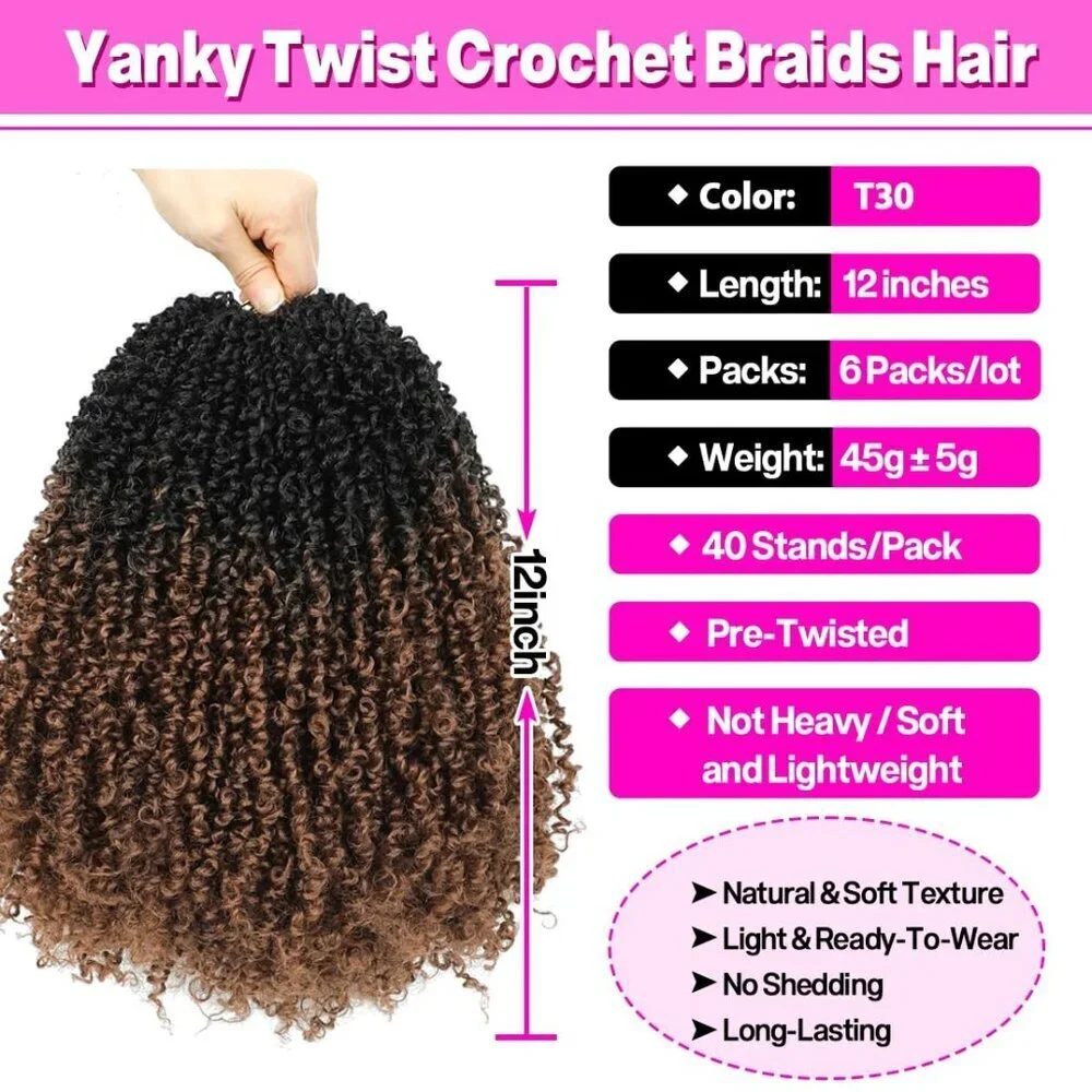 6Pack Yanky Twist Crochet Hair 12 Inch Fluffy Styled for Black Women